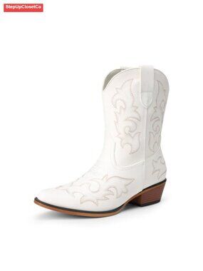 Faux Suede Western Ankle Boots Embroidered Block Heel